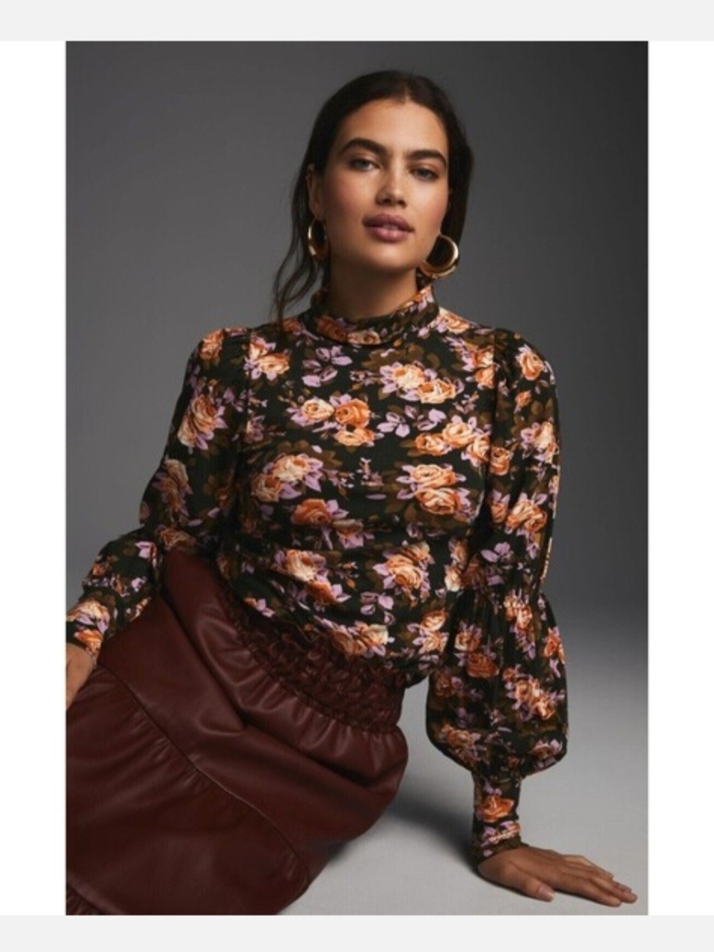 Anthropologie Black Floral Mock-Neck Blouse with Orange and Lavender Blooms